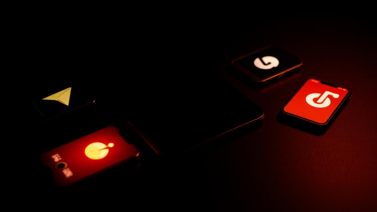 Several phone apps glowing on a dark surface, arranged like a roundup