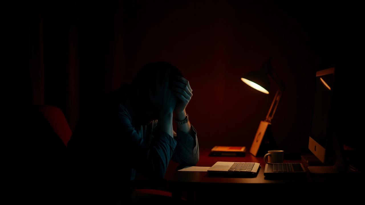 A man sitting alone at a desk late at night, worn down by burnout