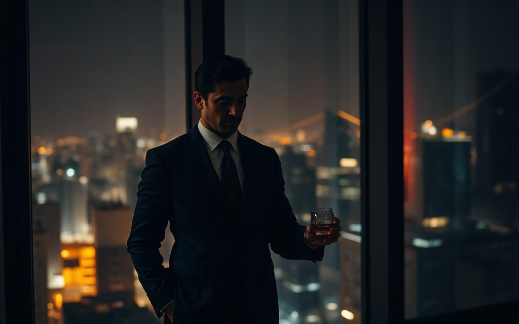 An executive standing by a night city window, quietly setting down a whisky glass
