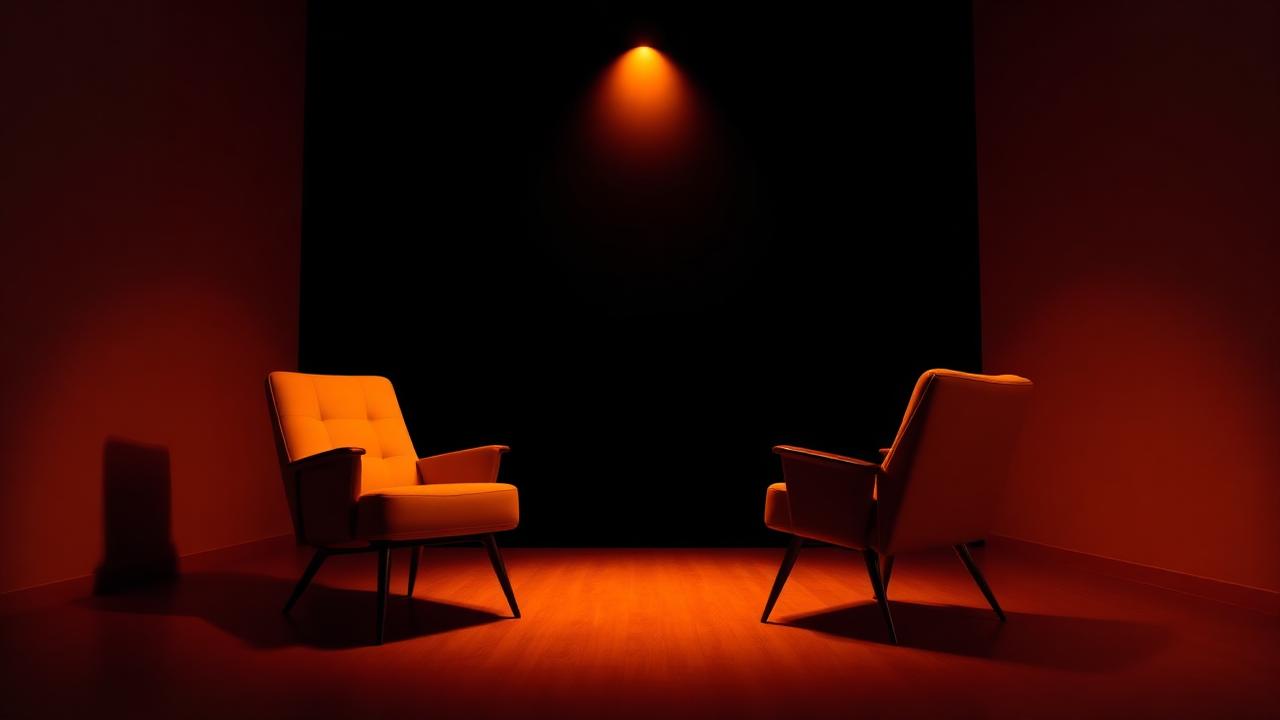 Two chairs facing each other under a spotlight, set up for a coaching conversation