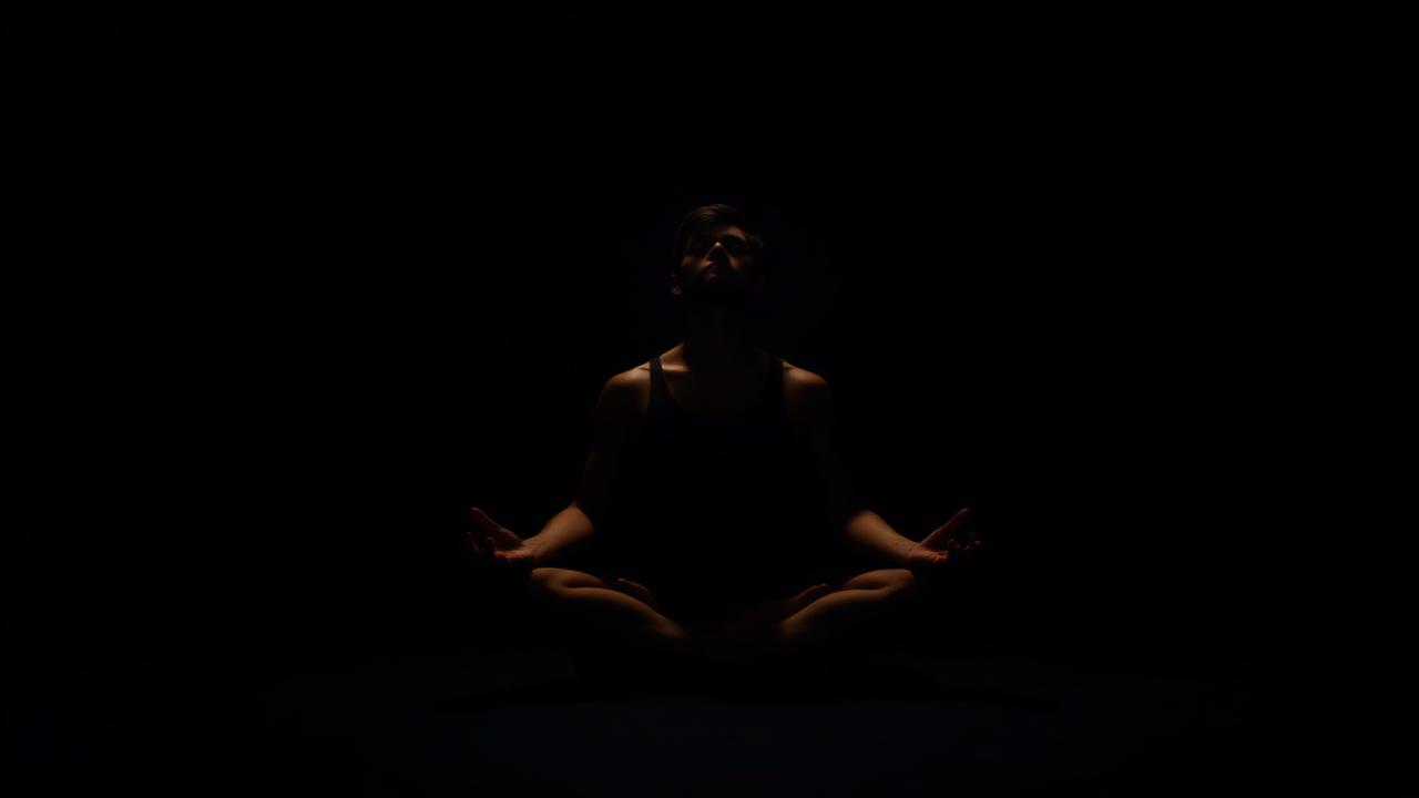 A man sitting in meditation in a dark, quiet room