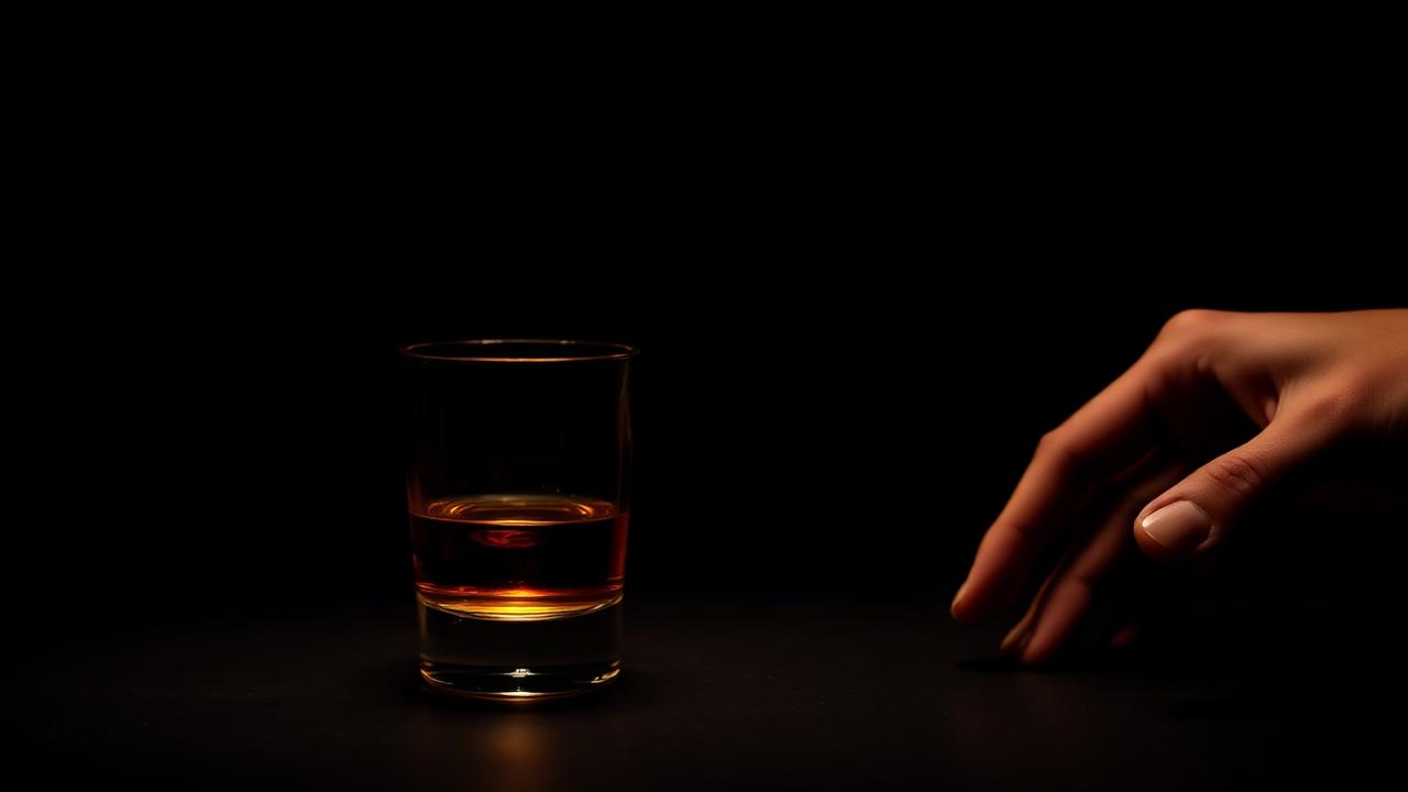 A hand pushing away a glass of whisky on a dark table