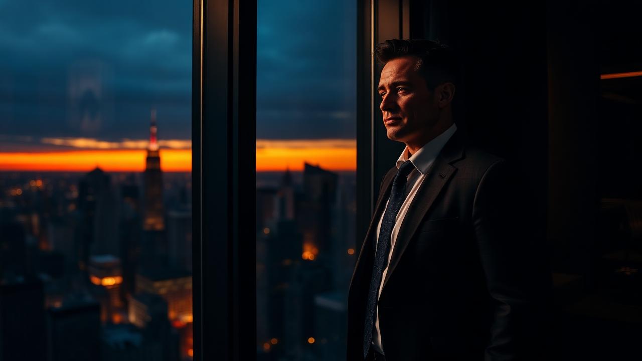 A man in a suit looking out over a city skyline at dusk